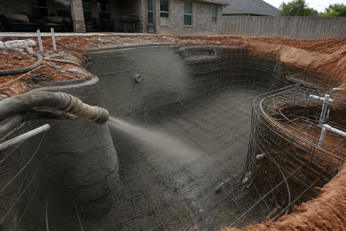 Gunite being sprayed over a rebar cage in an excavated North Texas clay backyard